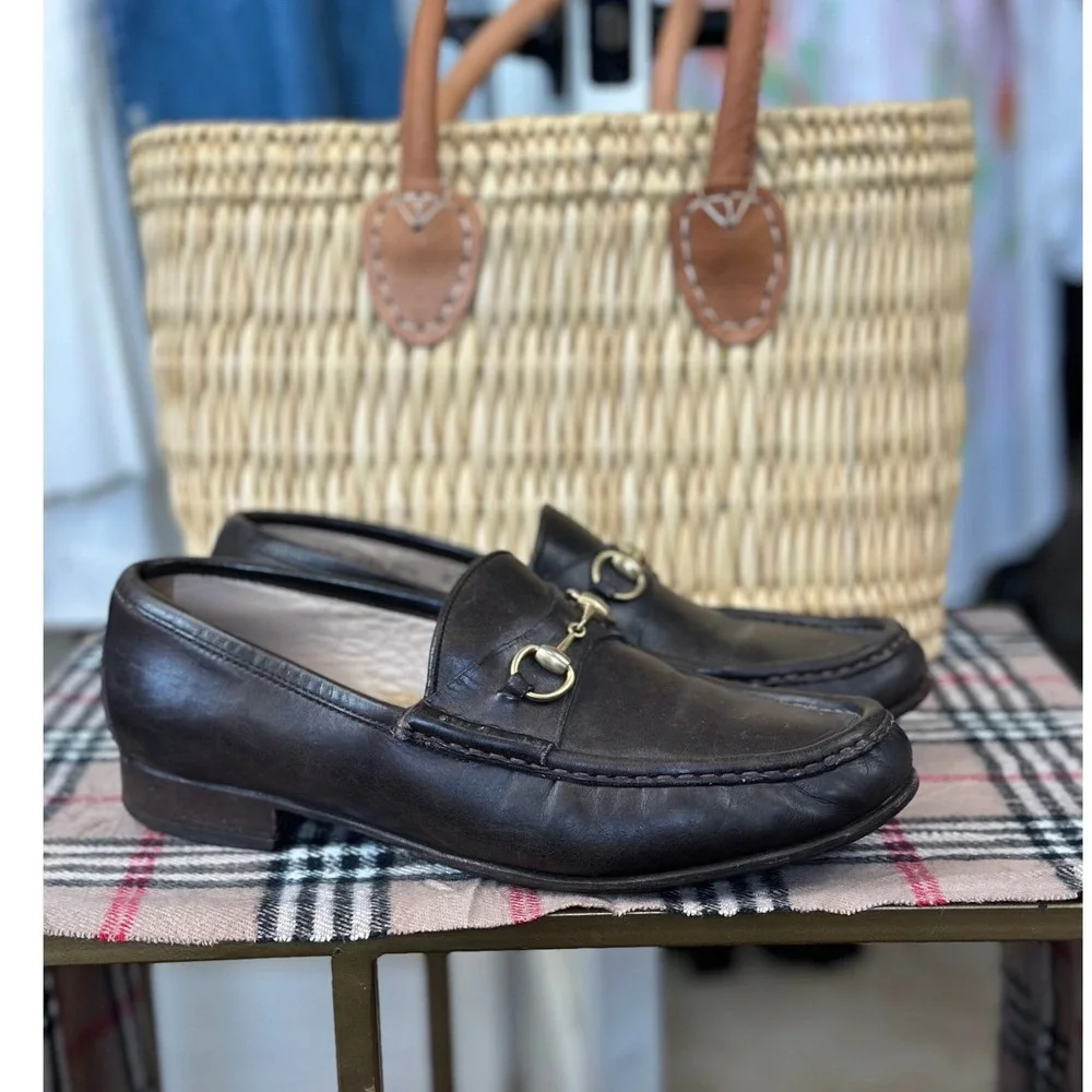Gucci Horsebit 1953‎ Loafers Size 9B Dark Brown Leather Gold Hardware VTGE Italy